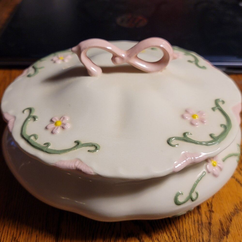 Vintage Great Plains Pottery Covered Serving Dish Pink & Green & White